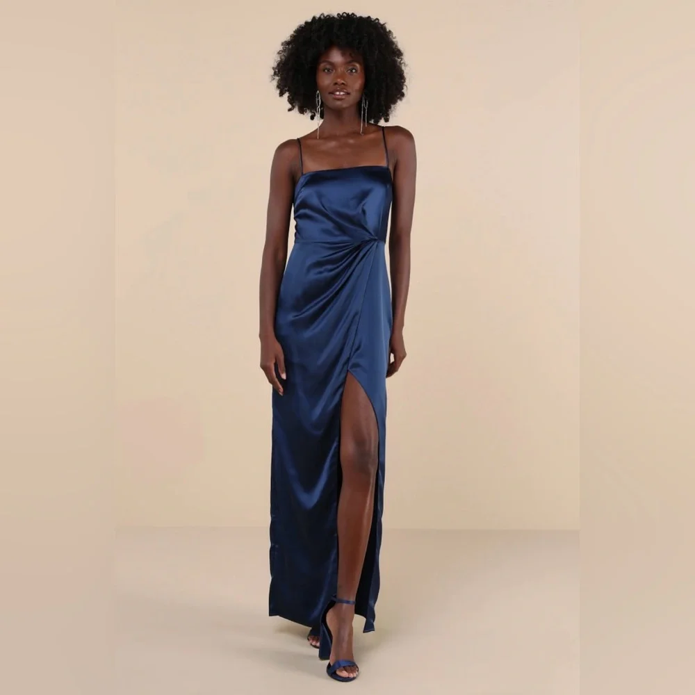 Lulus | Dresses | Lulus Stunning Expression Navy Blue Satin Pleated Tulip  Maxi Dress Nwt | Poshmark